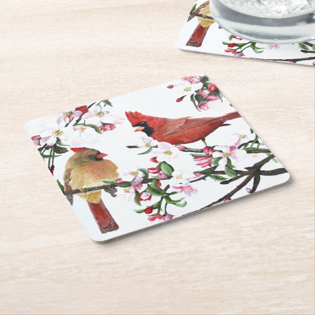 Cardinals and Apple Blossoms Square Paper Coaster (Angled)
