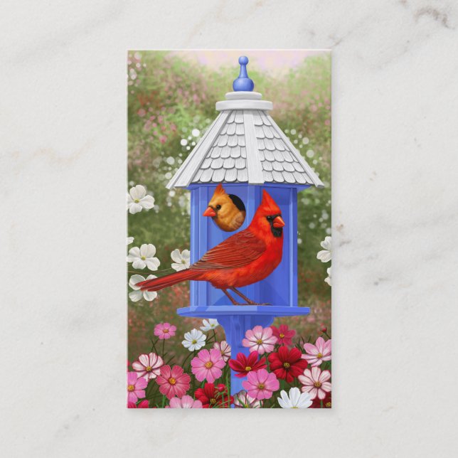 Cardinals and Blue Birdhouse Business Card (Front)