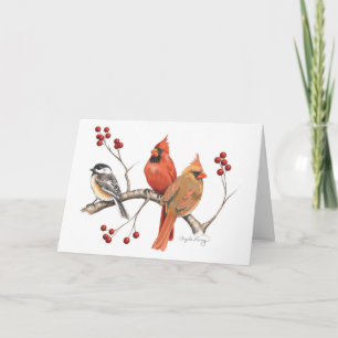 Cardinals and Chickadee with Winter Berries Card