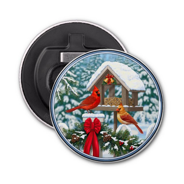 Cardinals and Christmas Bird Feeder Bottle Opener (Front)