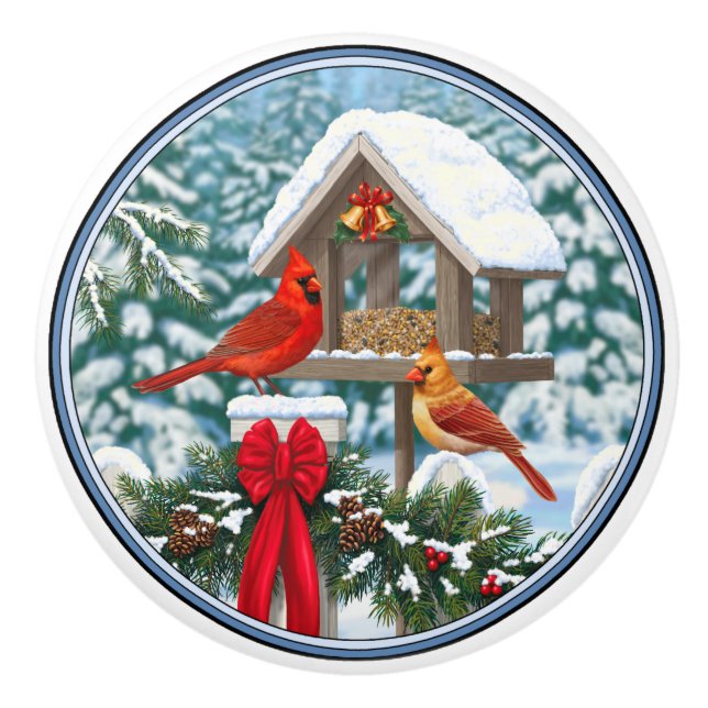 Cardinals and Christmas Bird Feeder Ceramic Knob (Front)