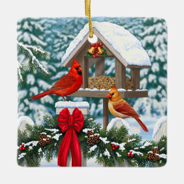 Cardinals and Christmas Bird Feeder Ceramic Tree Decoration (Front)