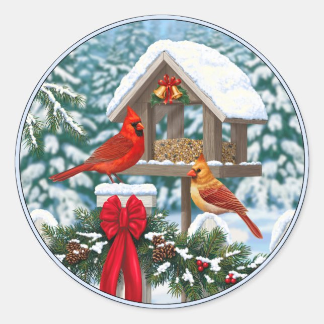 Cardinals and Christmas Bird Feeder Classic Round Sticker (Front)