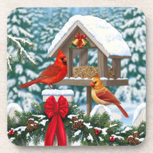 Cardinals and Christmas Bird Feeder Coaster