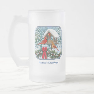 Cardinals and Christmas Bird Feeder Frosted Glass Beer Mug