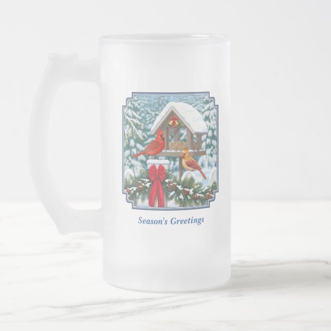 Cardinals and Christmas Bird Feeder Frosted Glass Beer Mug (Left)