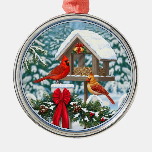 Cardinals and Christmas Bird Feeder Metal Tree Decoration (Front)