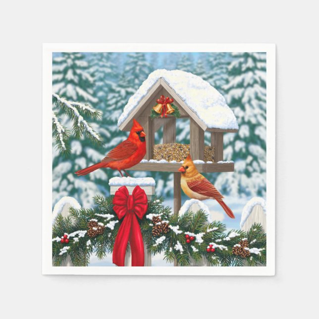 Cardinals and Christmas Bird Feeder Napkin (Front)