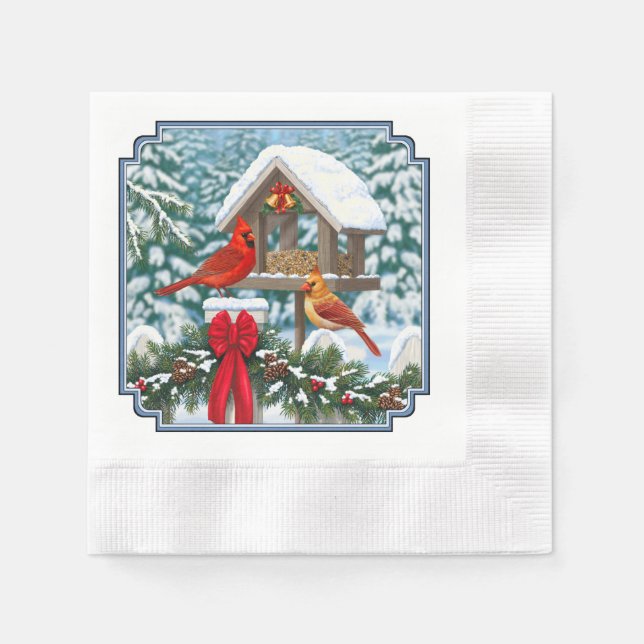 Cardinals and Christmas Bird Feeder Napkin (Front)