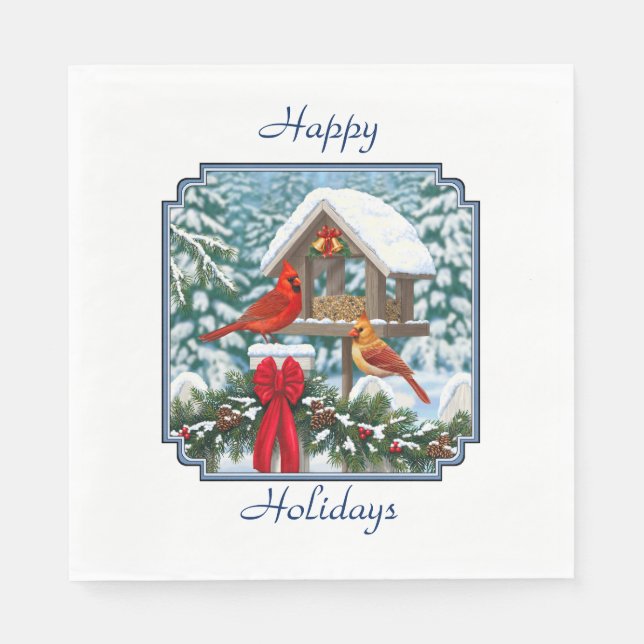Cardinals and Christmas Bird Feeder Napkin (Front)