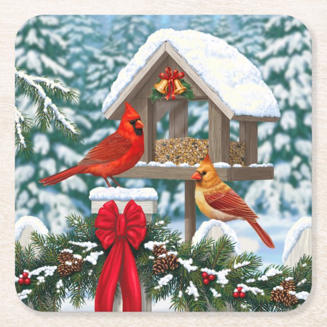 Cardinals and Christmas Bird Feeder Square Paper Coaster (Front)