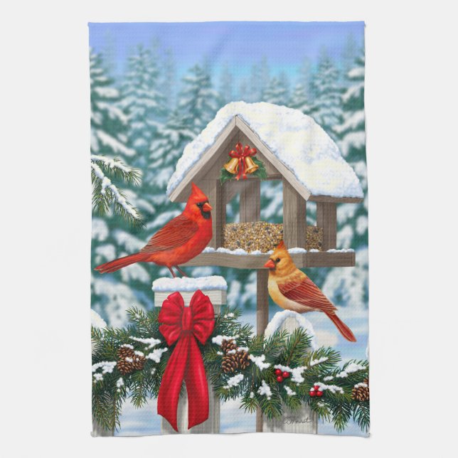 Cardinals and Christmas Bird Feeder Tea Towel (Vertical)