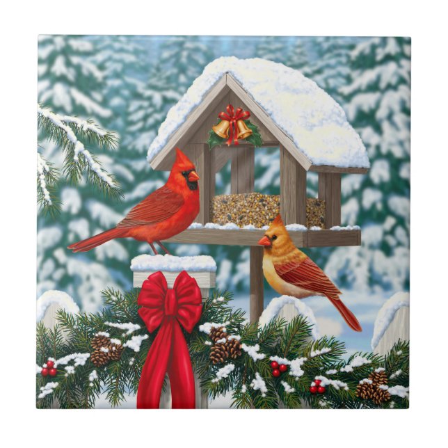 Cardinals and Christmas Bird Feeder Tile (Front)