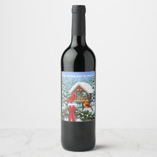 Cardinals and Christmas Bird Feeder Wine Label