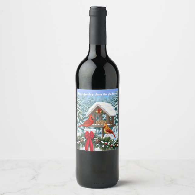 Cardinals and Christmas Bird Feeder Wine Label (Front)