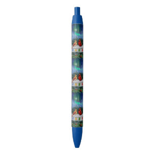 Cardinals and Christmas Lights Winter Snow Blue Ink Pen