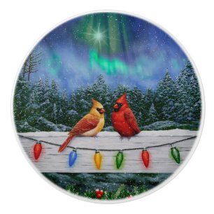 Cardinals and Christmas Lights Winter Snow Ceramic Knob