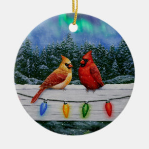 Cardinals and Christmas Lights Winter Snow Ceramic Tree Decoration