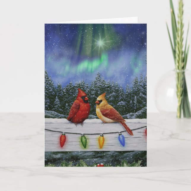 Cardinals and Christmas Lights Winter Snow Holiday Card (Front)