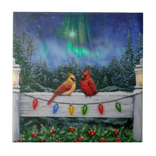 Cardinals and Christmas Lights Winter Snow Tile