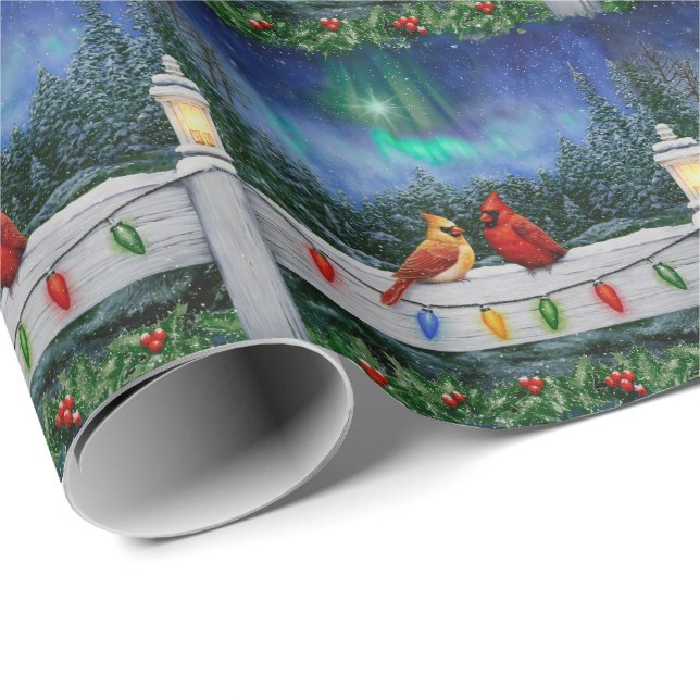 Cardinals and Christmas Lights Winter Snow Wrapping Paper (Roll Corner)
