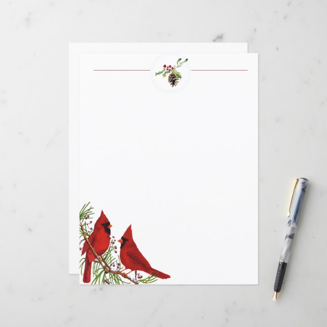 Cardinals and fir Christmas stationery paper (Front/Back In Situ)