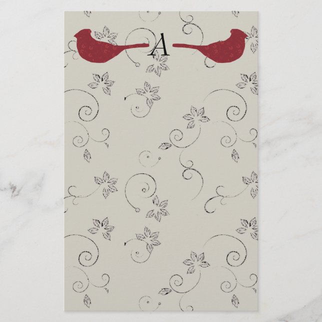 Cardinals and Flowering Vines Monogram Stationery (Front)