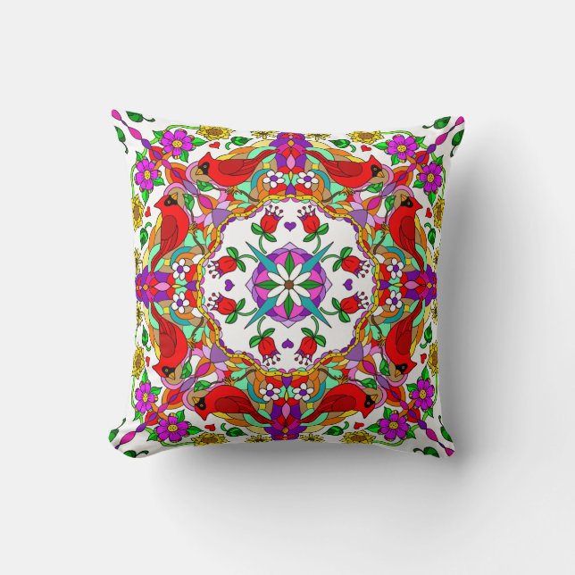 Cardinals and Flowers Mandala Pretty Colourful Cushion (Front)