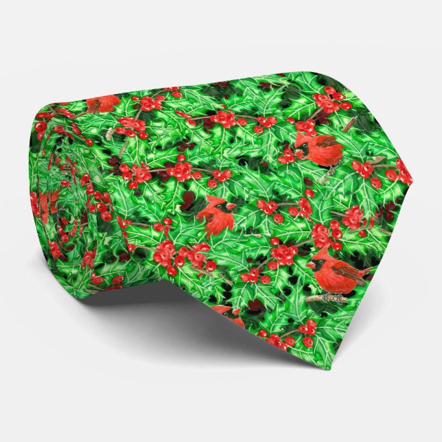 Cardinals and holly berry tie (Rolled)