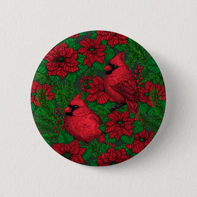 Cardinals and poinsettia for Christmas 6 Cm Round Badge (Front)