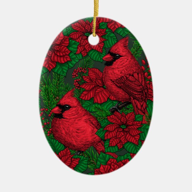Cardinals and poinsettia for Christmas Ceramic Tree Decoration (Front)