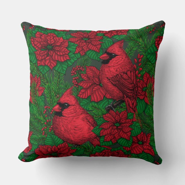 Cardinals and poinsettia for Christmas Cushion (Front)