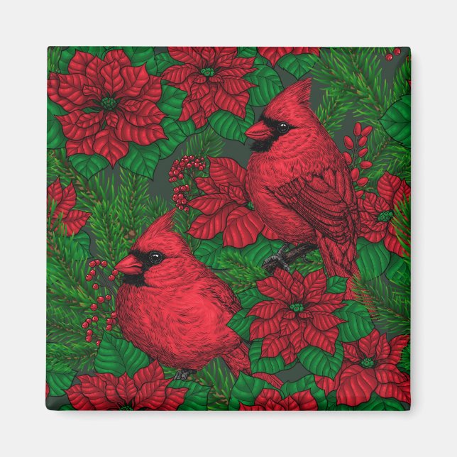 Cardinals and poinsettia for Christmas Magnet (Front)