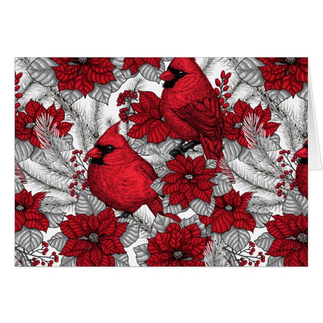 Cardinals and poinsettia in red and white (Front Horizontal)