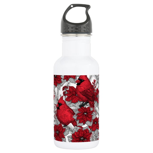 Cardinals and poinsettia in red and white 532 ml water bottle (Front)