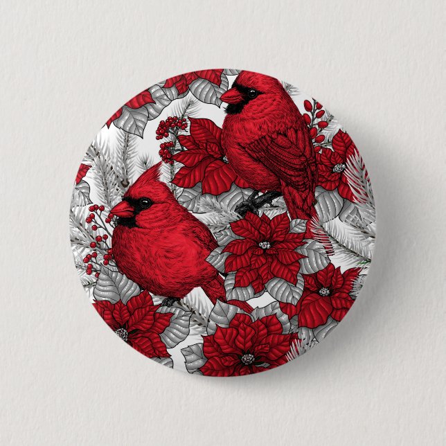 Cardinals and poinsettia in red and white 6 cm round badge (Front)