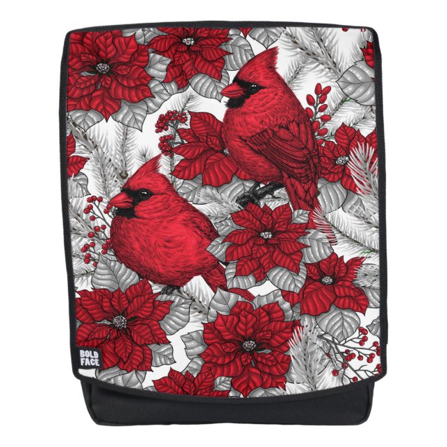 Cardinals and poinsettia in red and white backpack (Front)