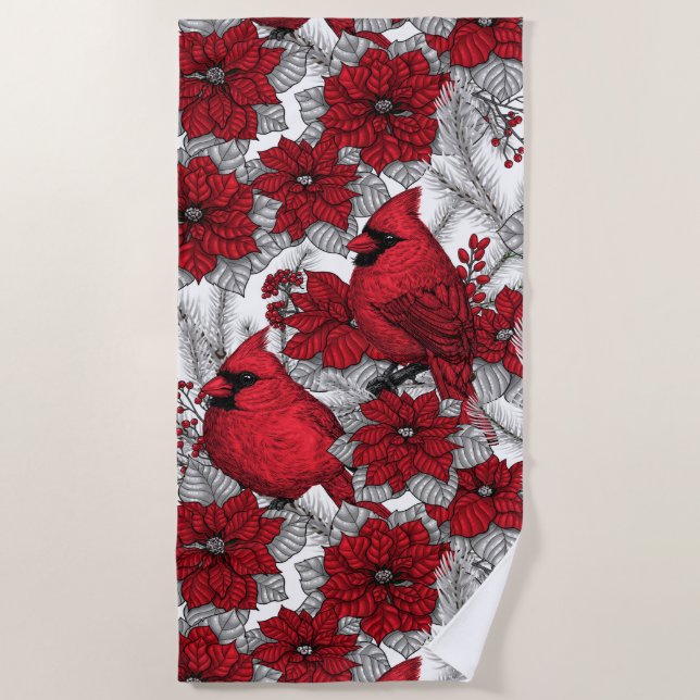 Cardinals and poinsettia in red and white beach towel (Front)