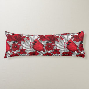 Cardinals and poinsettia in red and white body cushion