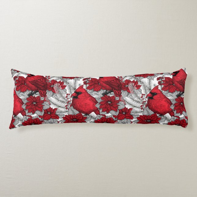 Cardinals and poinsettia in red and white body cushion (Front)