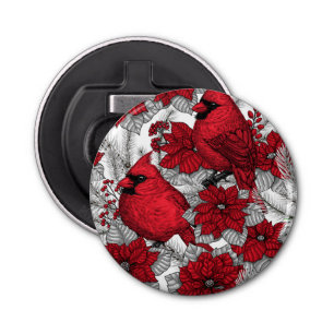 Cardinals and poinsettia in red and white bottle opener