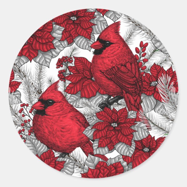 Cardinals and poinsettia in red and white classic round sticker (Front)