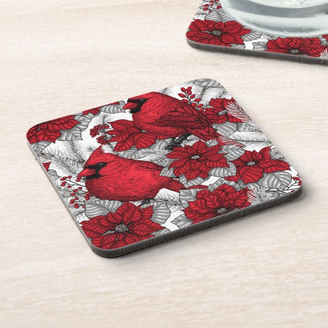 Cardinals and poinsettia in red and white coaster (Left Side)