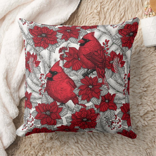 Cardinals and poinsettia in red and white cushion (Blanket)