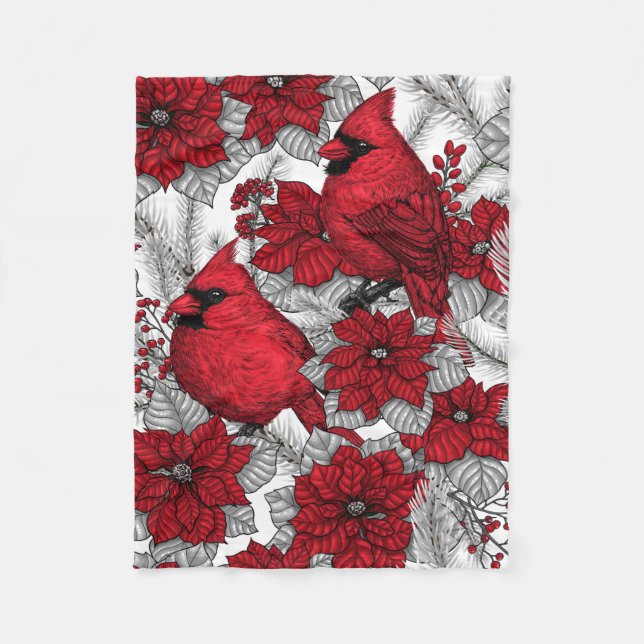 Cardinals and poinsettia in red and white fleece blanket (Front)