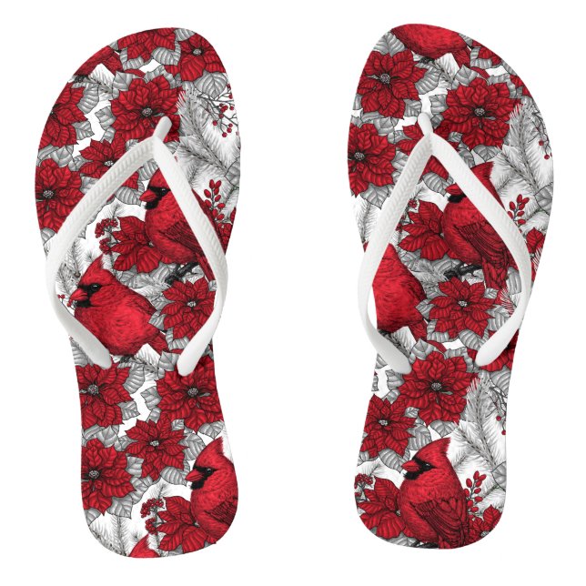 Cardinals and poinsettia in red and white flip flops (Footbed)