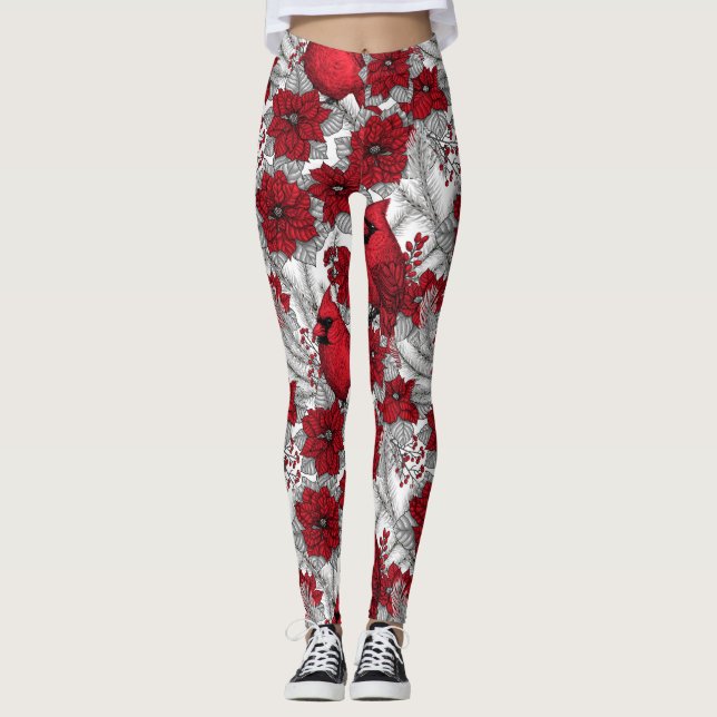 Cardinals and poinsettia in red and white leggings (Front)