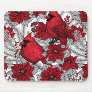 Cardinals and poinsettia in red and white mouse mat