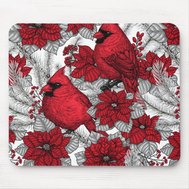Cardinals and poinsettia in red and white mouse mat (Front)