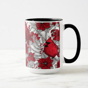 Cardinals and poinsettia in red and white mug